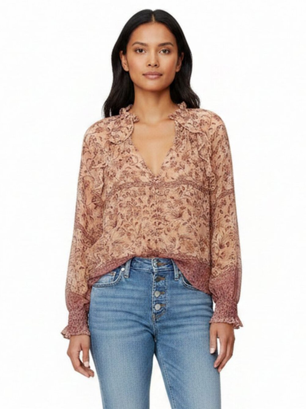 Zara Bohemian Cottagecore Floral Ruffle Top Blouse Front Buttons Brown Combo M